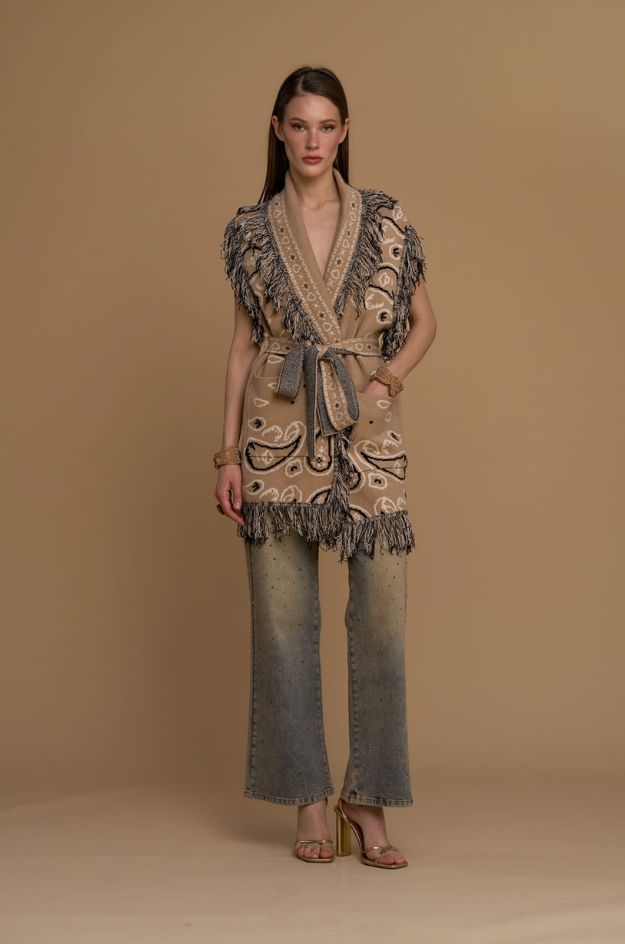 Chaleco largo de punto paisley con flecos - Nosecrets