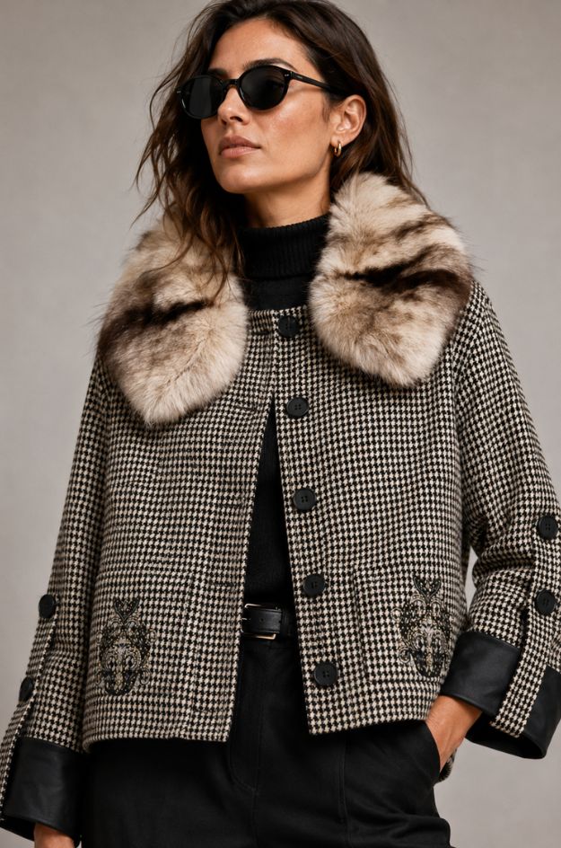 Chaqueta jacquard adamado cuello pelo - Nekane