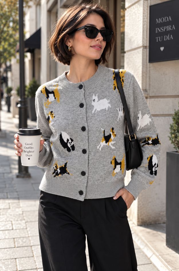 Chaqueta gris jacquard perros - Lemaille