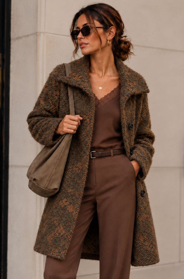 Abrigo de punto jacquard marrón con estampado geométrico - Lola Espeleta