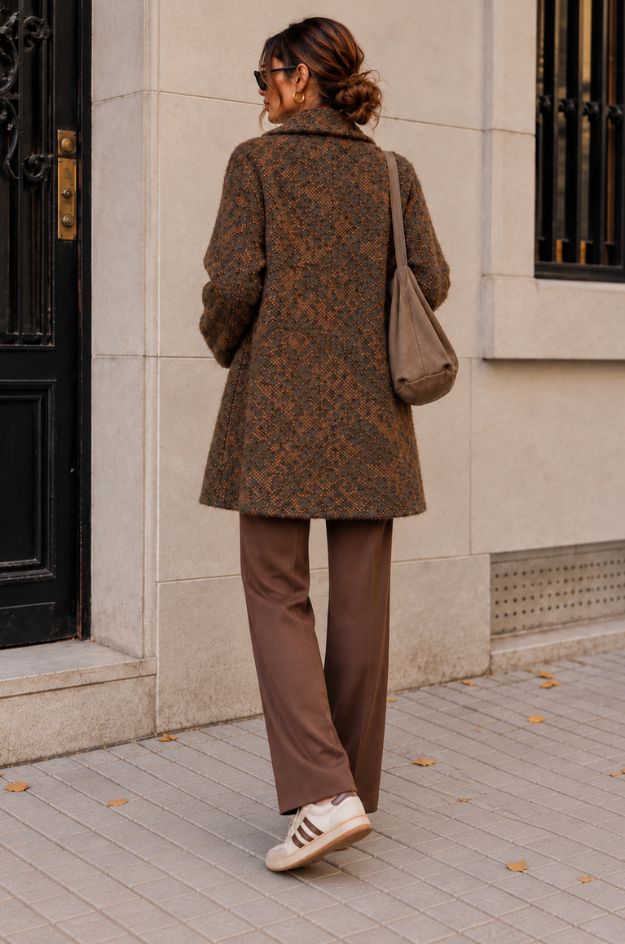 Abrigo de punto jacquard marrón con estampado geométrico - Lola Espeleta - Imagen 2