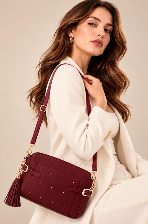 Bolso bandolera 262182 granate con tachuelas y correa regulable - Pepe Moll