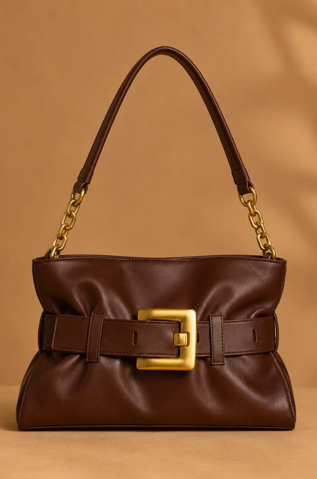 Bolso de hombro marrón chocolate con cinturón y hebilla dorada - Nosecrets