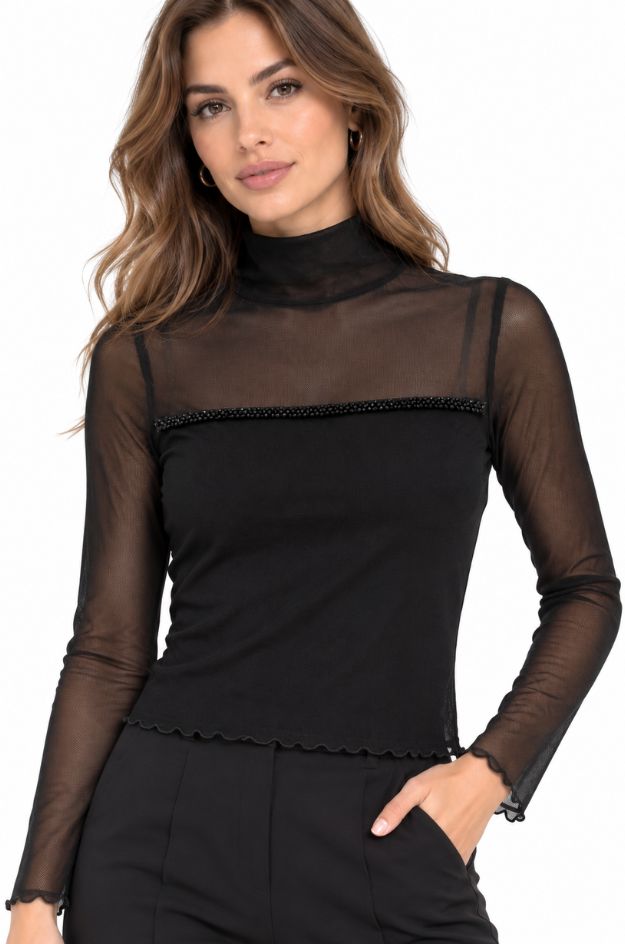 Camiseta negra de tul con cuello alto - Lemaille