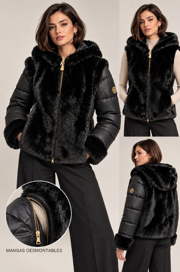 Chaqueta acolchada negra con pelo sintético y mangas desmontables - Markup - Imagen 2
