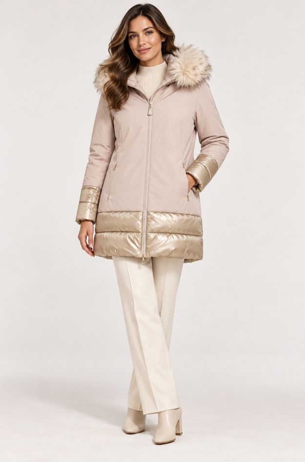 Chaqueta midi softshell beige con capucha de pelo y detalles satinados - Markup - Imagen 3
