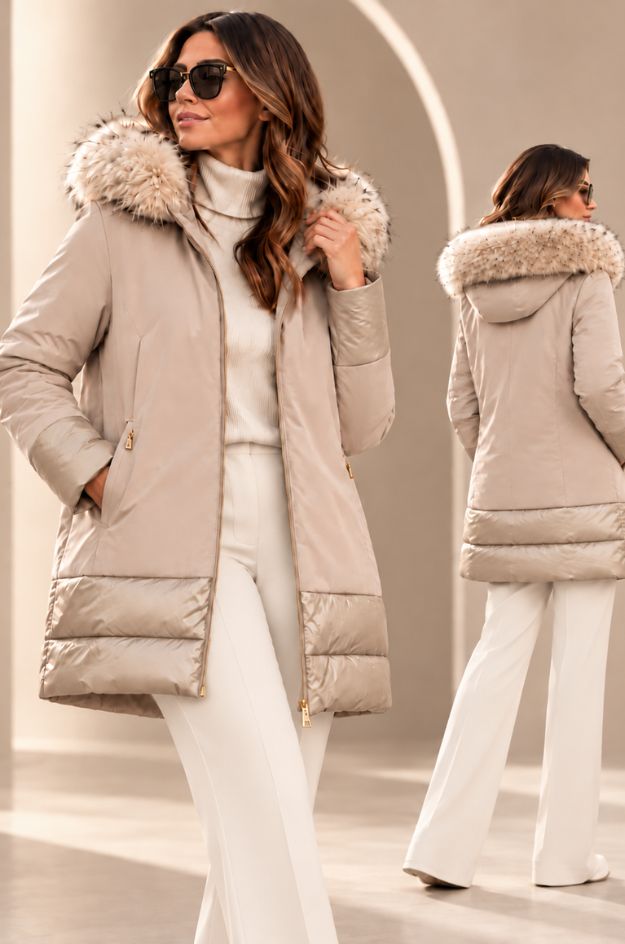 Chaqueta midi softshell beige con capucha de pelo y detalles satinados - Markup - Imagen 4
