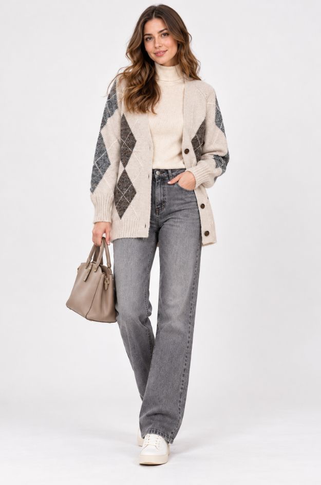 Chaqueta de punto con rombos jacquard y detalles de cheviot multicolor - Markup - Imagen 3