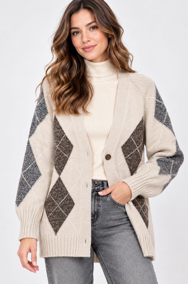 Chaqueta de punto con rombos jacquard y detalles de cheviot multicolor - Markup