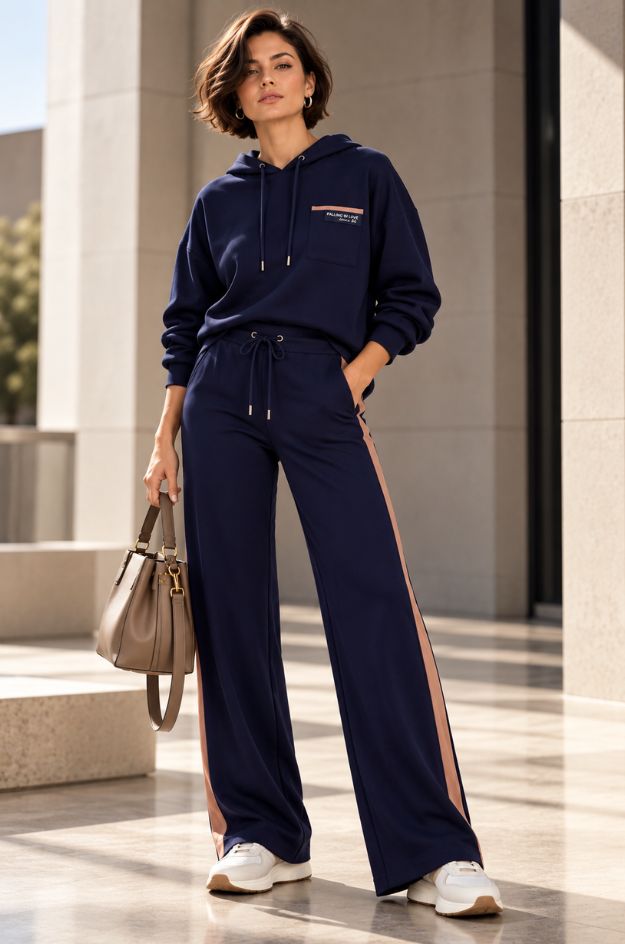 Conjunto sudadera y pantalón marino con franja tiramisú - Monari
