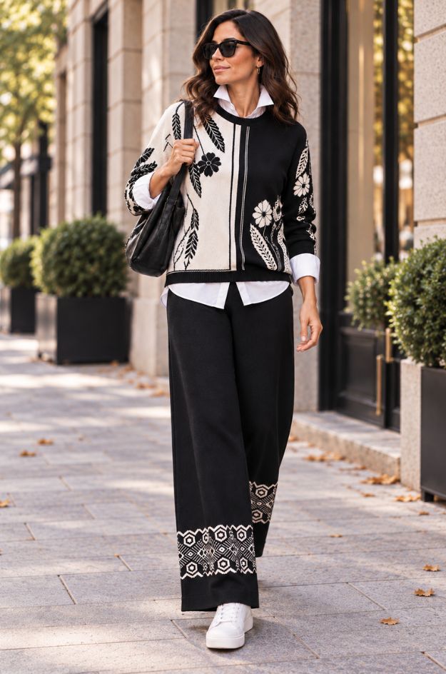 Conjunto de punto negro y crudo con jersey estampado y pantalón ancho - Tinta & Bariloche - Imagen 2