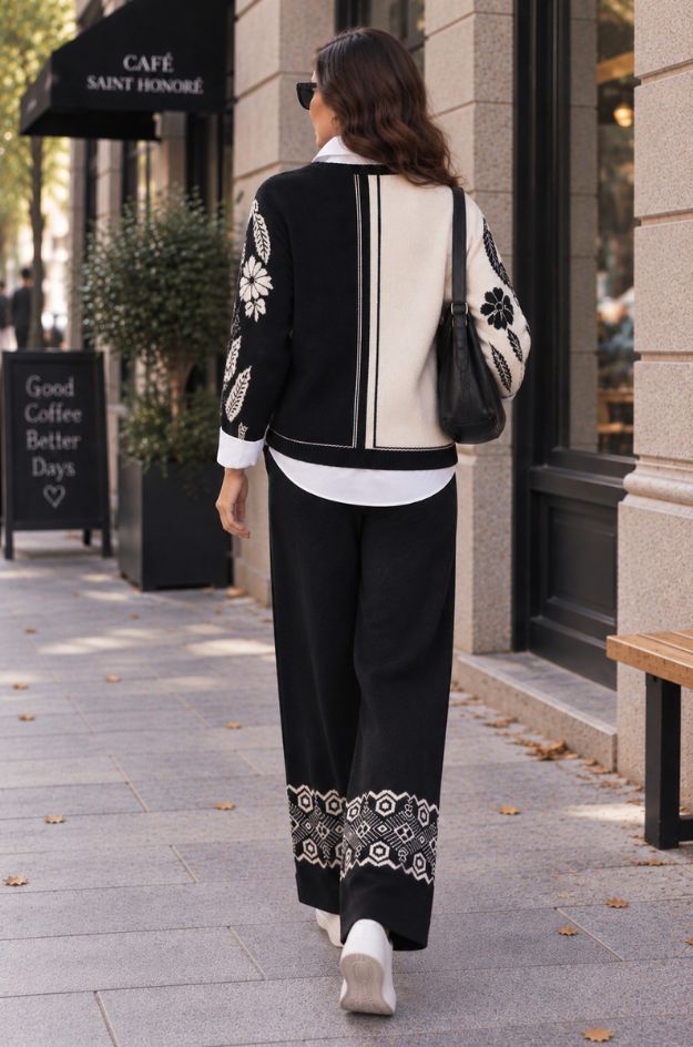 Conjunto de punto negro y crudo con jersey estampado y pantalón ancho - Tinta & Bariloche - Imagen 3
