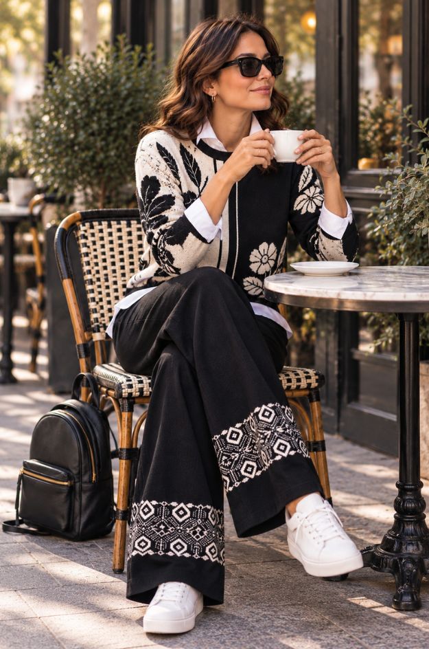 Conjunto de punto negro y crudo con jersey estampado y pantalón ancho - Tinta & Bariloche