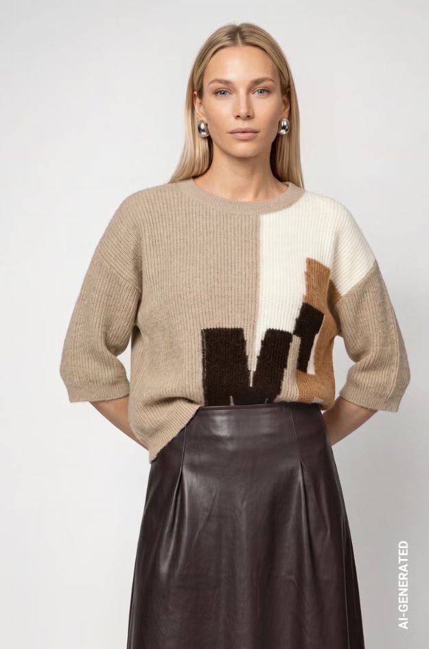Jersey con intarsia geométrica en beige, crudo y marrón - Monari
