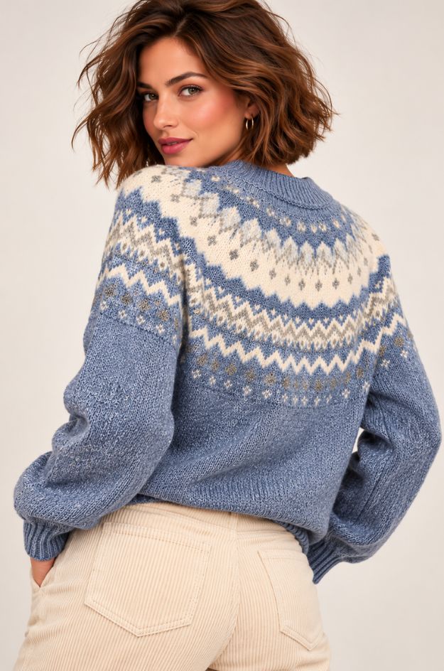 Jersey de punto jacquard azul con grecas geométricas en crudo - Imagen 2