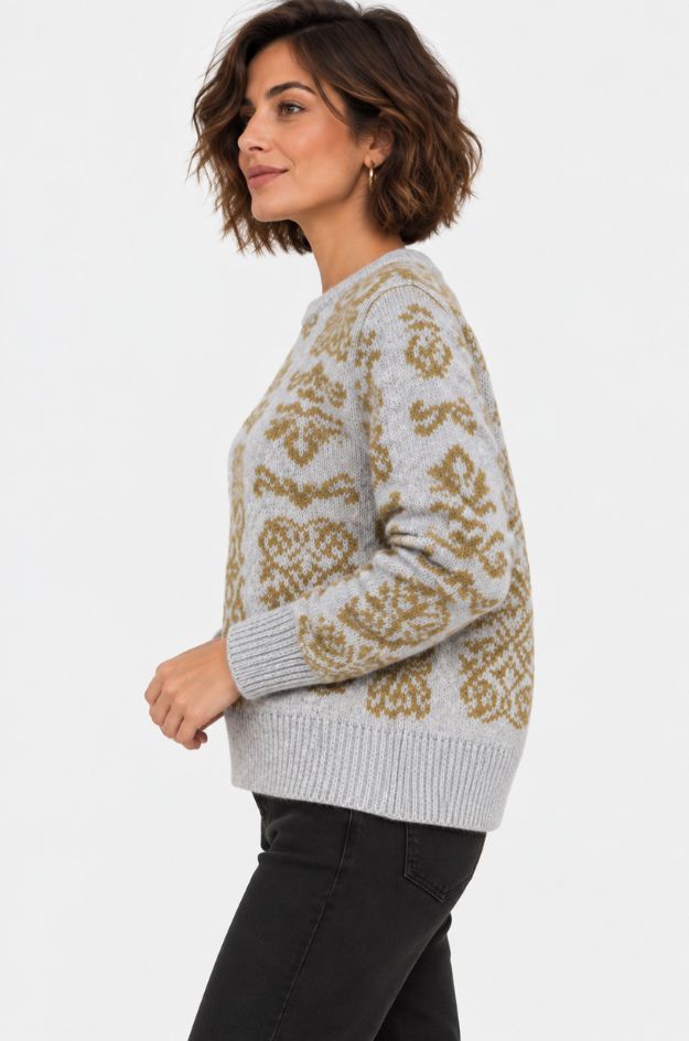 Jersey jacquard gris con estampado floral mostaza - Md´M - Imagen 3