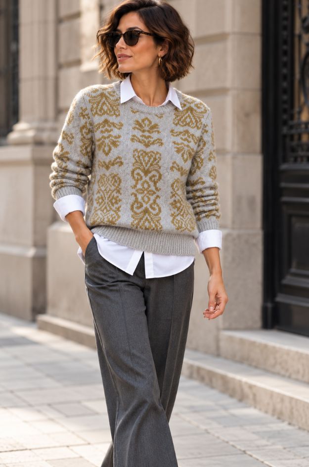 Jersey jacquard gris con estampado floral mostaza - Md´M - Imagen 4