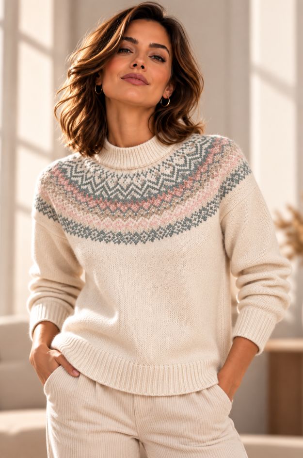 Jersey de punto jacquard crudo con cenefa nórdica rosa y verde menta - Imagen 2