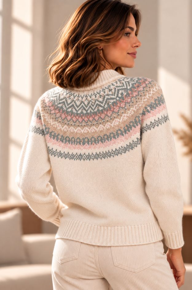 Jersey de punto jacquard crudo con cenefa nórdica rosa y verde menta - Imagen 4
