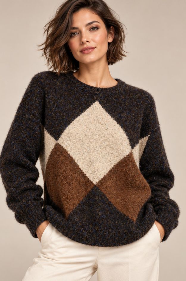 Jersey de punto con rombos camel y castaño sobre fondo chocolate jaspeado con azul