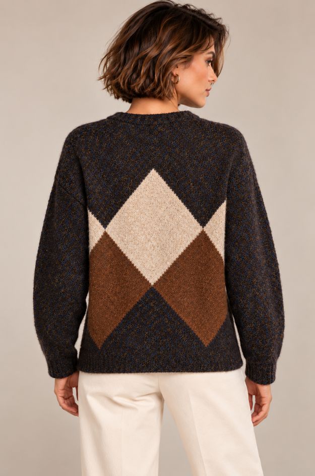 Jersey de punto con rombos camel y castaño sobre fondo chocolate jaspeado con azul - Imagen 2