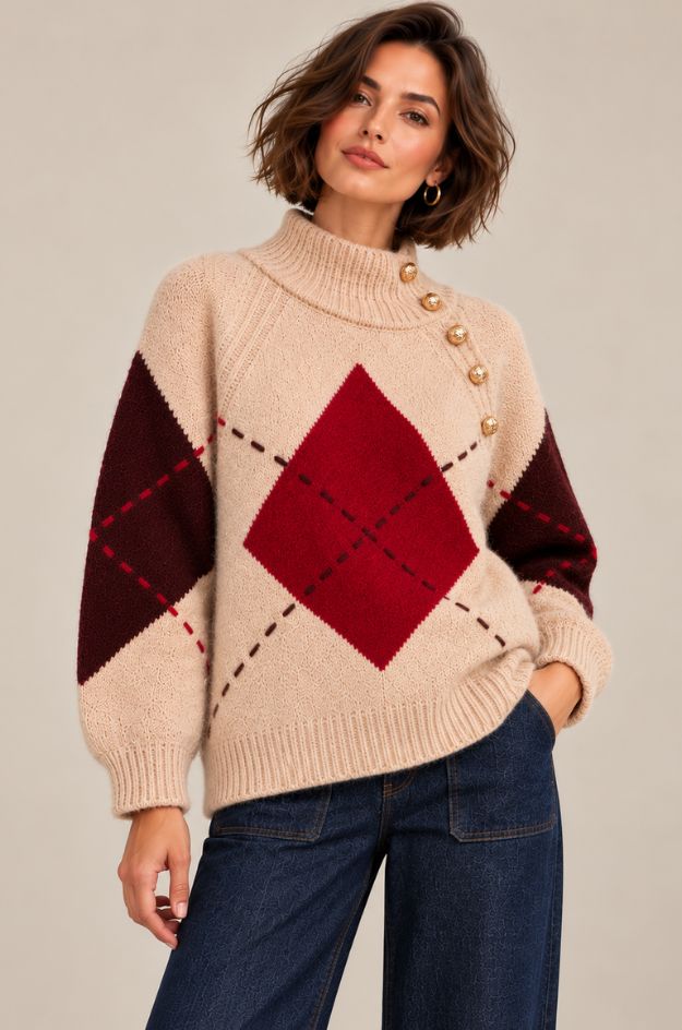 Jersey rombos con cuello alto y botones dorados - Alba Conde