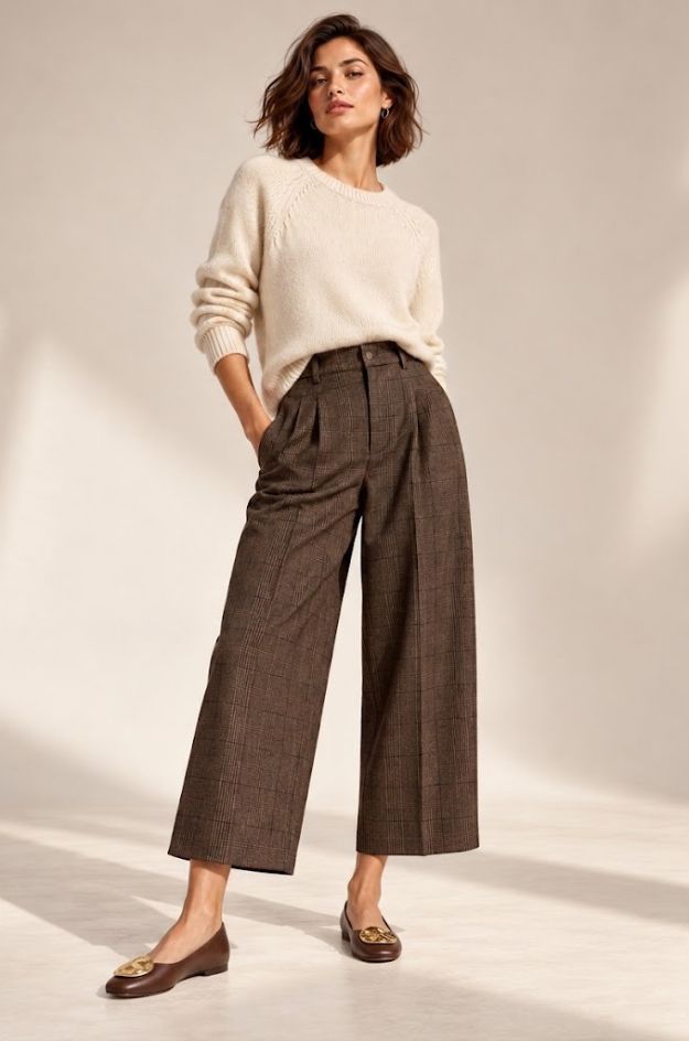 Pantalón de cuadros marrón oscuro con pinzas y largo cropped - Oui - Imagen 2