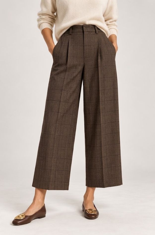Pantalón de cuadros marrón oscuro con pinzas y largo cropped - Oui