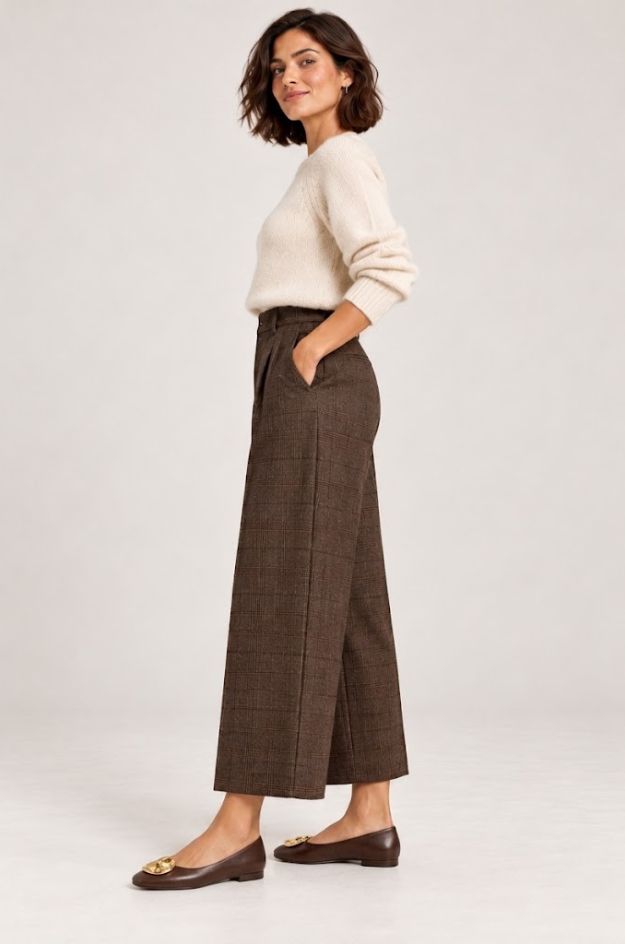 Pantalón de cuadros marrón oscuro con pinzas y largo cropped - Oui - Imagen 3
