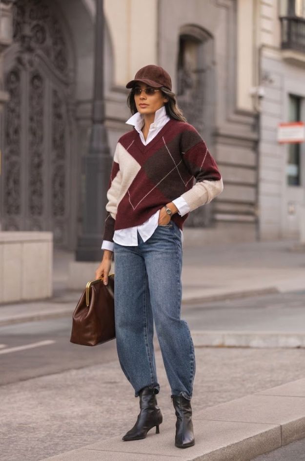 Pullover de Punto Argyle en Tonos Burdeos y Chocolate - Ferrache - Imagen 3