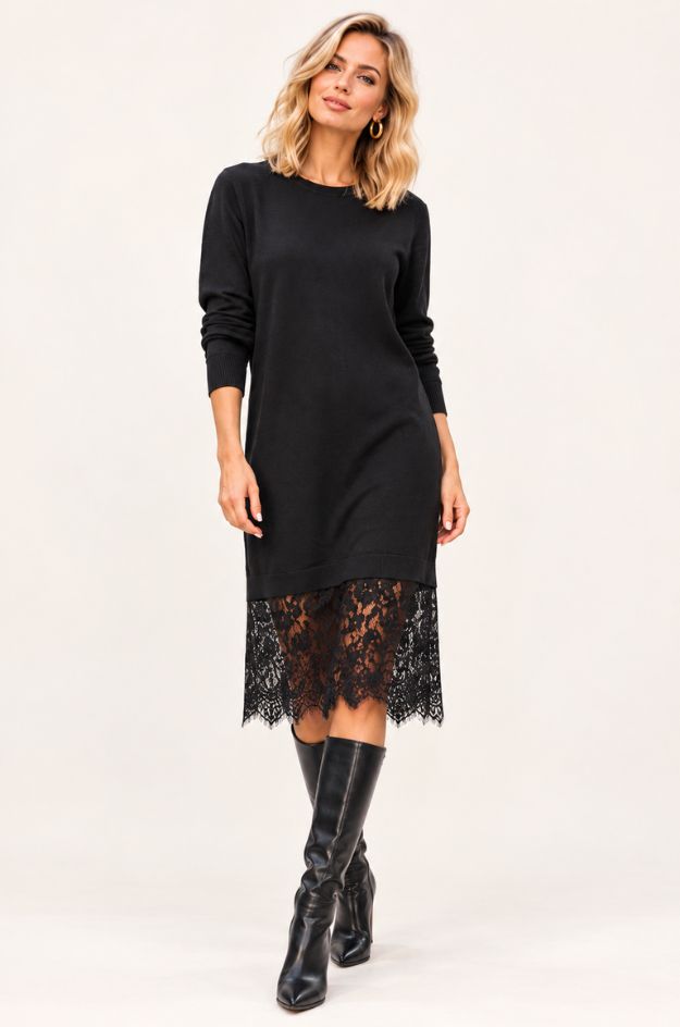 Vestido de punto negro con bajo de encaje - Markup